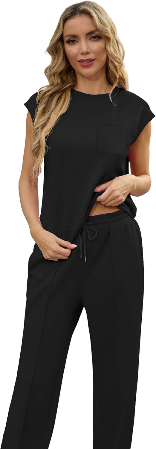 GRECERELLE 2 Piece Sets For Women Summer 2026 Outfits Lounge Sets Sleeveless Sweatsuits Wide Leg Tracksuits With Pockets - Image 5