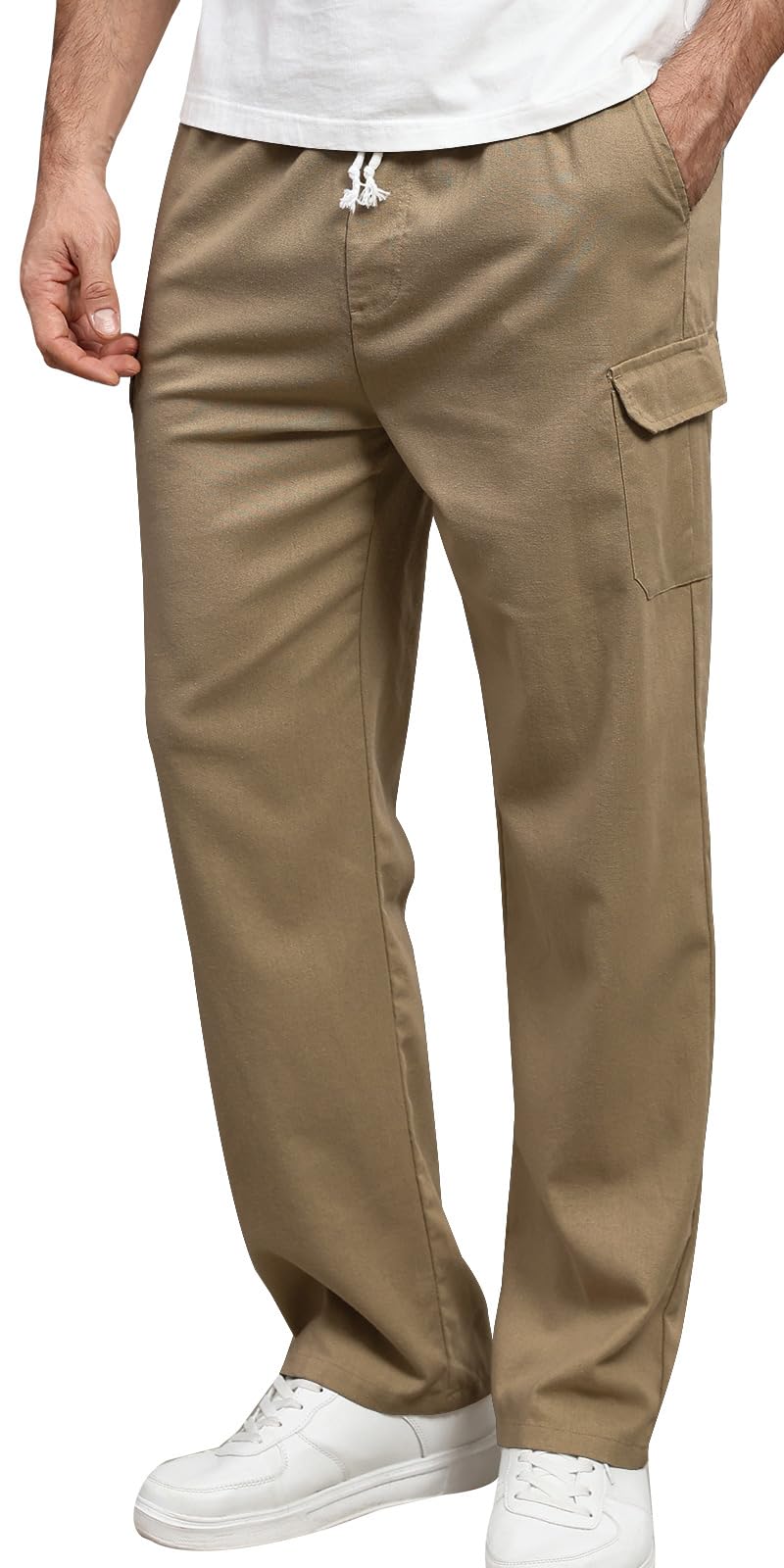 Zetieny Leinenhose Herren Lang Leichte Sommerhose Herren Loose Fit Freizeithose mit Taschen Kordelzug für Urlaub Strand Yoga Alltag