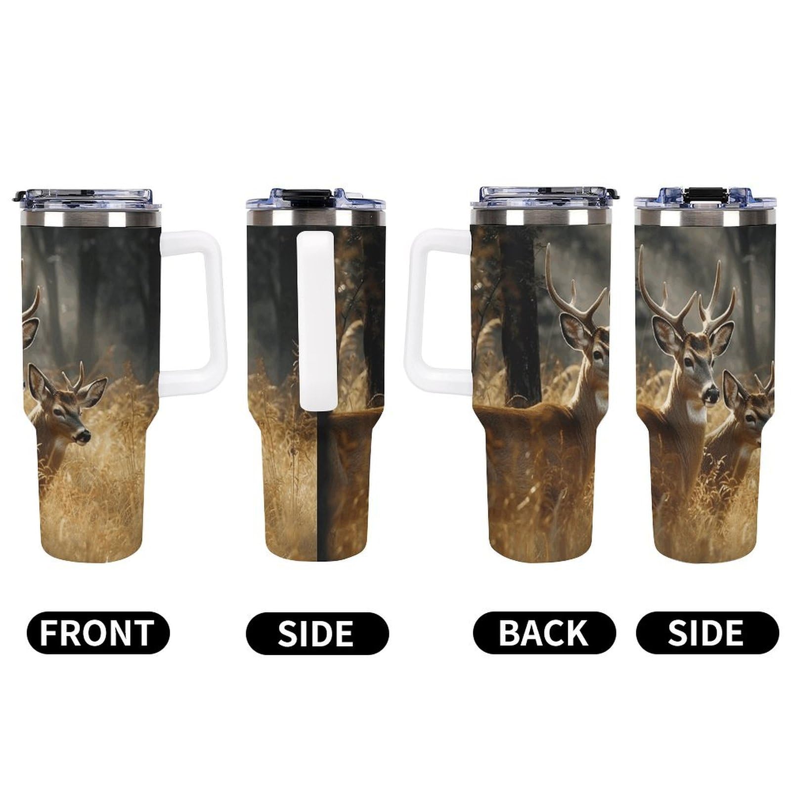 Edelstahl-Thermobecher mit Griff, Natur, Wildtiere, Hirsche, Edelstahl-Wasserflasche, hitzebeständig, auslaufsicher, geeignet für Auto-Becherhalter, 1,2 l