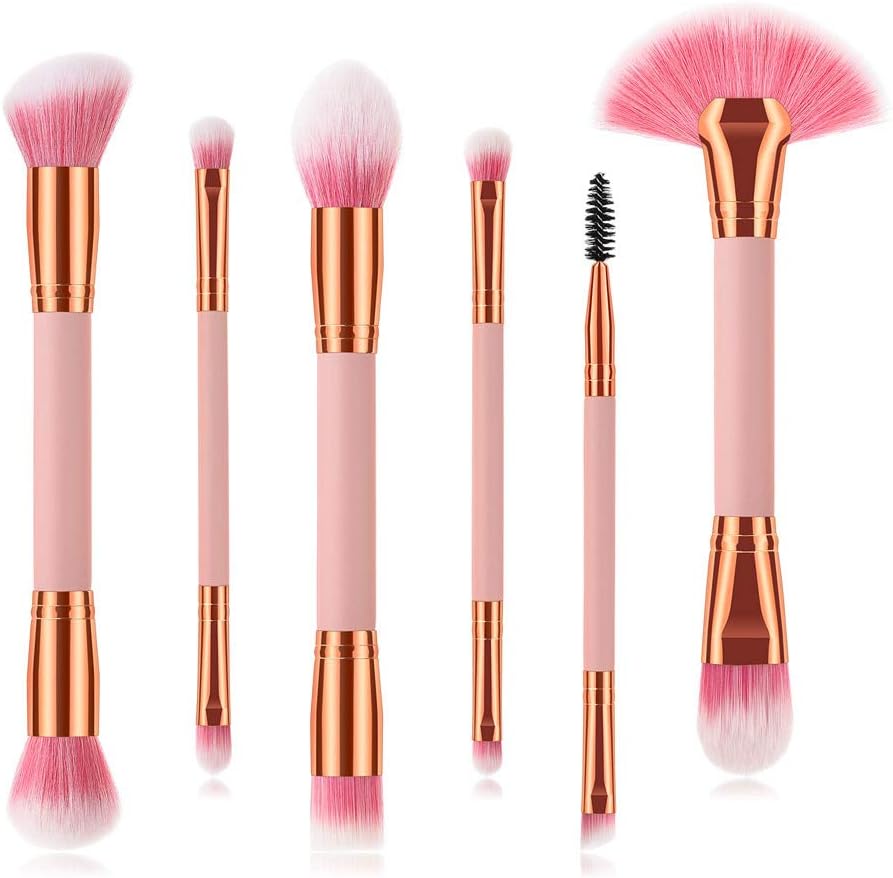 Veepola 6PCS Double-end Makeup Brush Sets Professional Foundation Blending Blush Concealer Eyes Facial Liquid Powder Cream Cosmetics Brush (Pink)