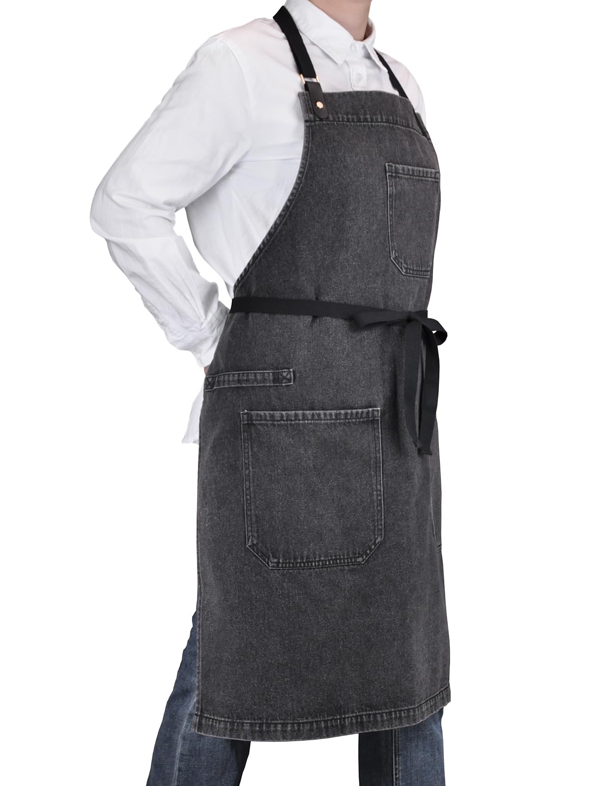 Delantal de chef profesional con bolsillos, delantal de mezclilla negro para cocina, cocina, parrilla, barbacoa, con lazo para toalla y correas ajustables para el cuello, Black Denim