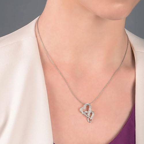Miniatura 6 de Jewelili Colgante de doble corazón con diamantes redondos blancos naturales en plata de ley de 18 pulgadas, Metal, Diamante