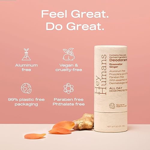 Hey Humans Natural Deodorant | Aluminum Free, Rosewater Ginger(Rosewater Ginger,2 Ounce (Pack of 4))