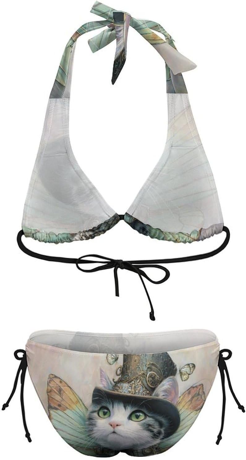 Cats with Butterfly Wings Novelty Women's 2 Piece String Bikini Set Swimsuits Bathing Suit Swimwear