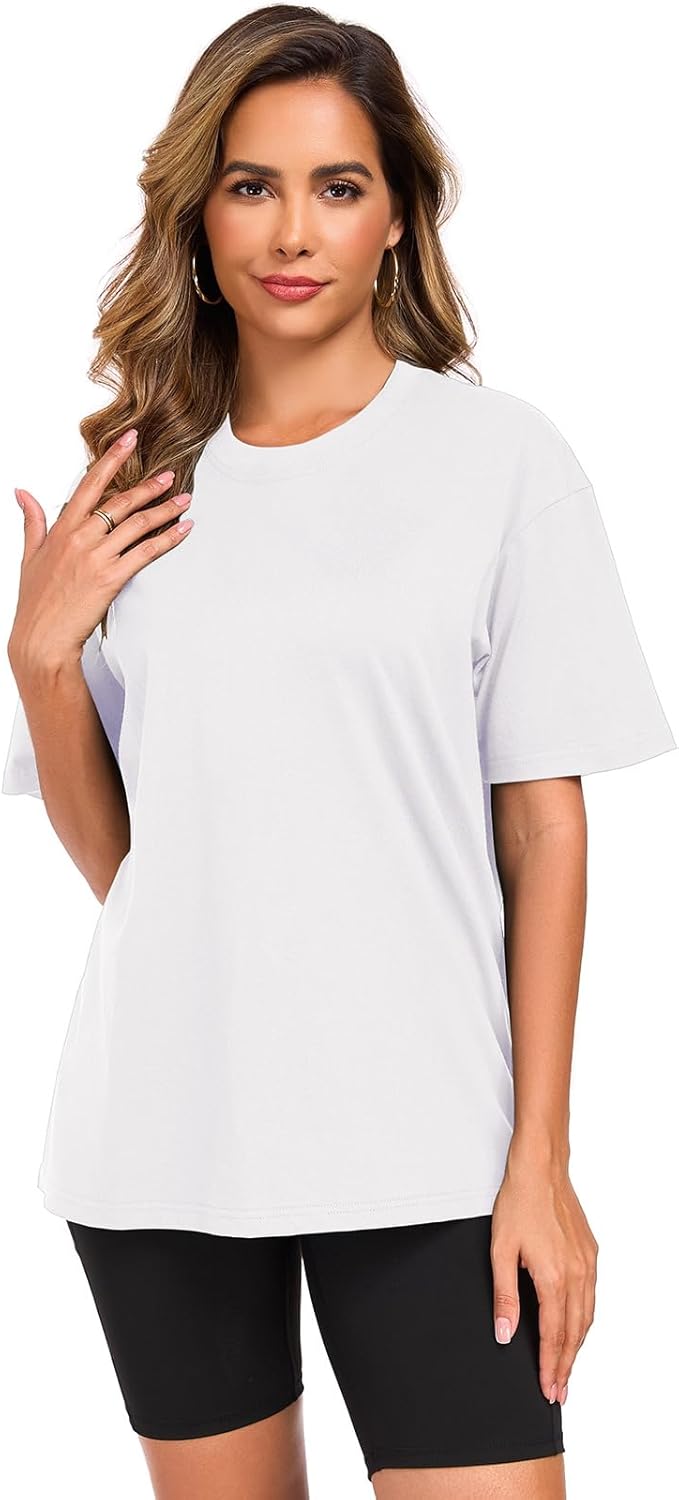 Womens Oversized Cotton T Shirts Crewneck Short Sleeve Tops Heavyweight Casual Loose Fit Drop Shoulder Fashion Tees - Image 2