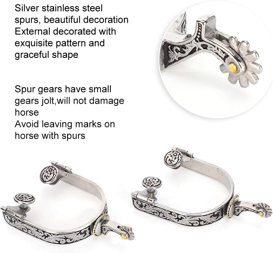 Spurs, 2PCS Stainless Steel Silver Engraved Bumper Spurs Horse Boot Spurs with Gear Boot Spurs Spurs for Cowboy Boots West Cowboy Spurs Riding Horse Accessory for Horse