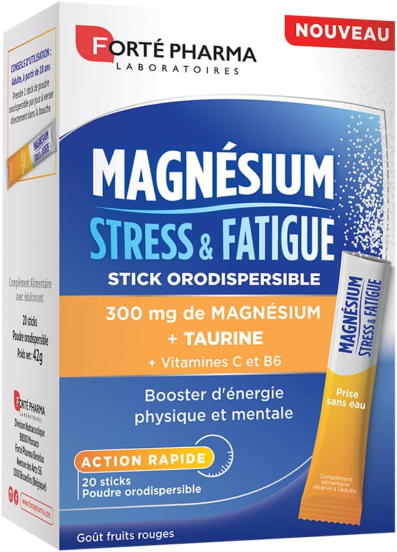 Forté Pharma – Magnesium Stress & Fatigue Sticks – Physical and Mental Performance, Energy booster, Fast Action – Taurine, Vitamin B6, Vitamin C – 20 orodispersible sticks, 1/day