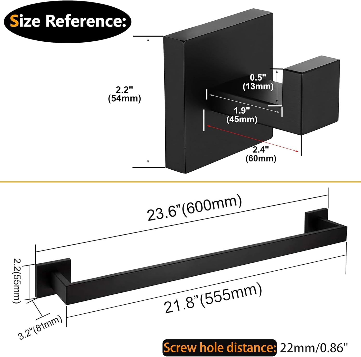 Nolimas Matte Black Bathroom Hardware Set 5 Pieces SUS304 Stainless Steel Square Wall Mounted Including 24Inch Towel Rack Wall Mounted, Robe Towel Hooks,Bathroom Accessories Kit