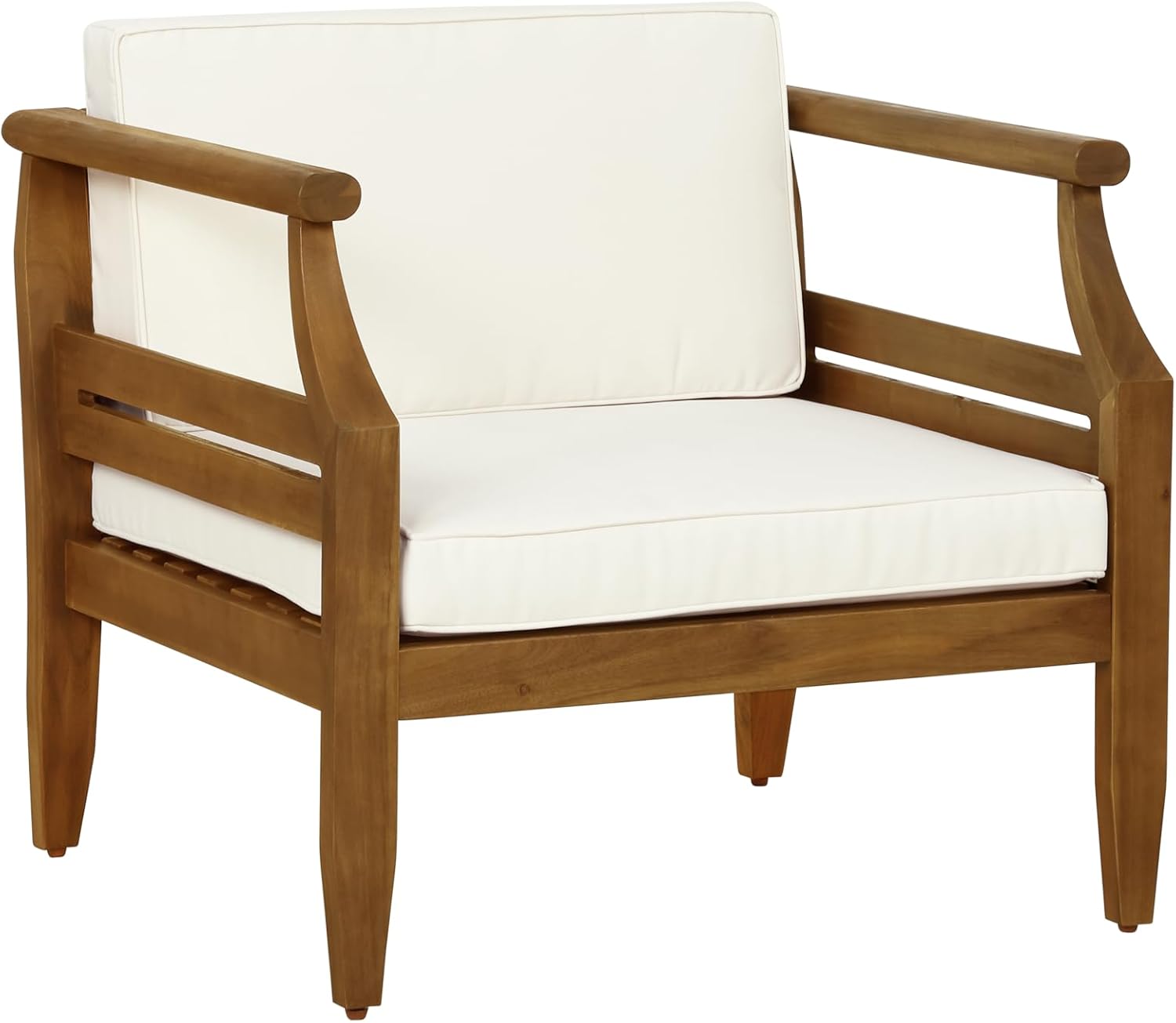 Linon Harbor Oiled Acacia Wood Outdoor Arm Chair with Removable Cream Cushions