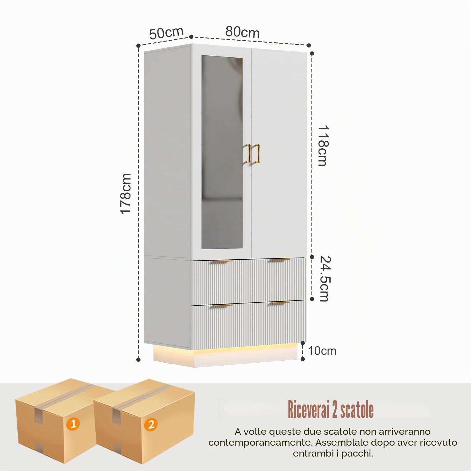 MSFE Armadio Camera da Letto, Armadio Guardaroba 2 Ante con Specchio,LED e 2 Cassetti, Armadio Contenitore, Salvaspazio, per Cameretta, Camera dei bambini, da ingresso|80x178x50cm (L/H/P)