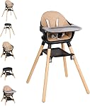Baby High Chair, 6 in 1 Wooden Convertible High Chairs for Babies and Toddlers, Booster Seat with Double Tray & Reversible Footrest Baby Highchair, 5-Point Harness Baby Feeding Chair, Beige