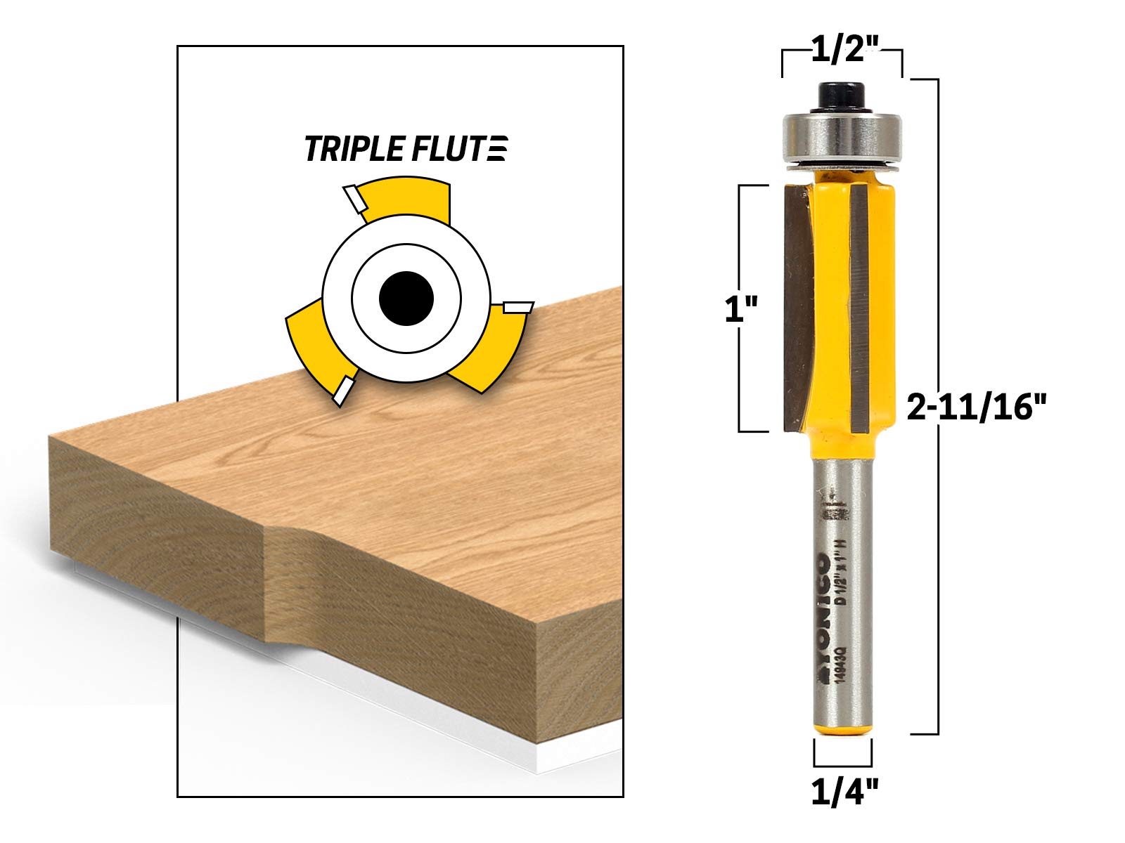 YONICO Pattern Bit Flush Trim Router Bits 1-Inch Triple Flute X 1/2-Inch Diameter 1/4-Inch Shank 14943q