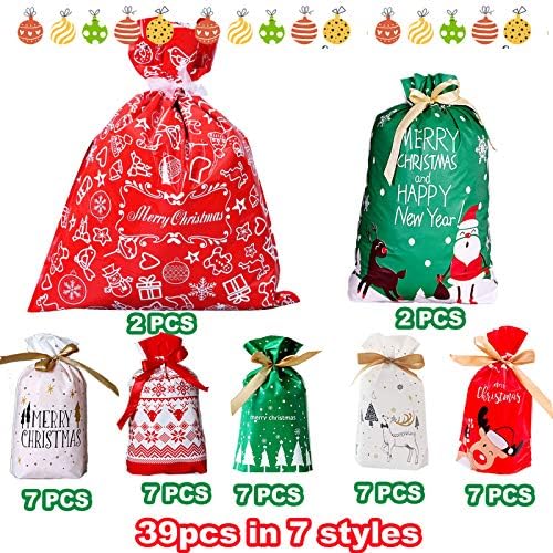 Funnlot 39 PCS Christmas Drawstring Bags Christmas Drawstring Wrapping Gift Bags Christmas Goody Bags Gift Wrapping Assorted Sizes Christmas Gift Bags with Tags for Xmas Treat Candy Bags with Ribbon