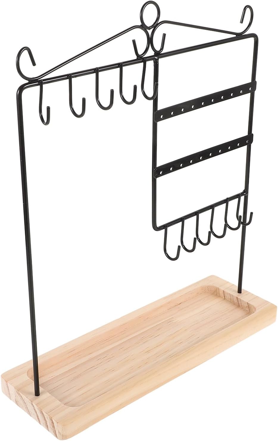 Jewelry Stand Organizer with Necklace Display and Earring Holder, Black Iron Frame with Wooden Base, Bracelet Display Rack for Accessories Storage and Vendor Showcase