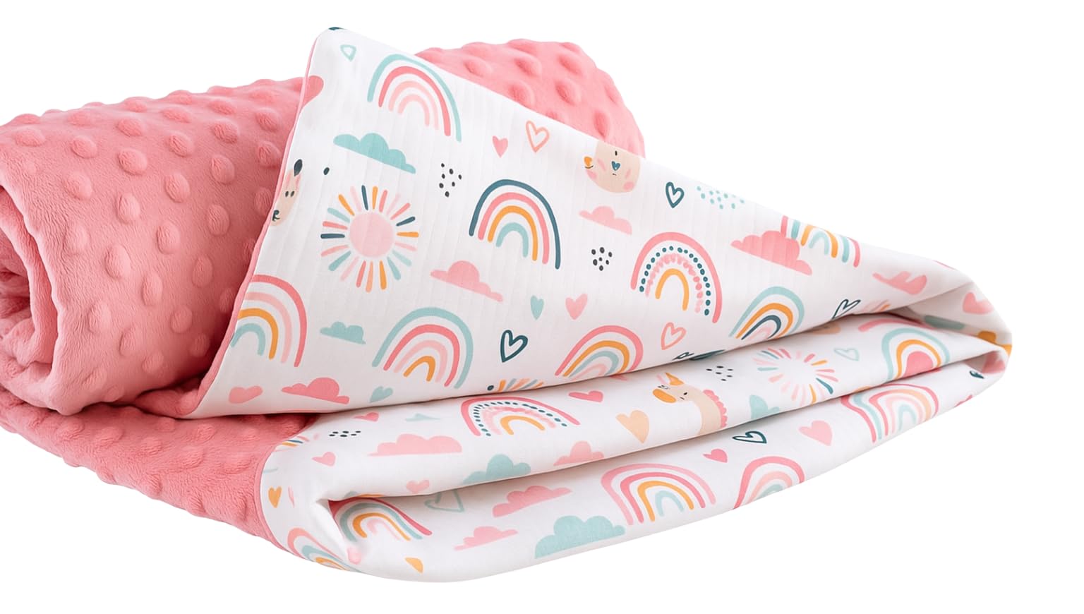 Ahoiikids Kuschelige Babydecke 75x100cm – Weiche Baumwoll-Decke für Neugeborene & Kleinkinder, ideal fürs Kinderbett & den Kinderwagen (Regenbogen mit Pink Minky)