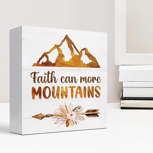Miniatura 6 de Letrero motivacional de madera cristiana con texto en inglés Faith Can Move Mountains para decoración de escritorio, flecha de montaña, caja de
