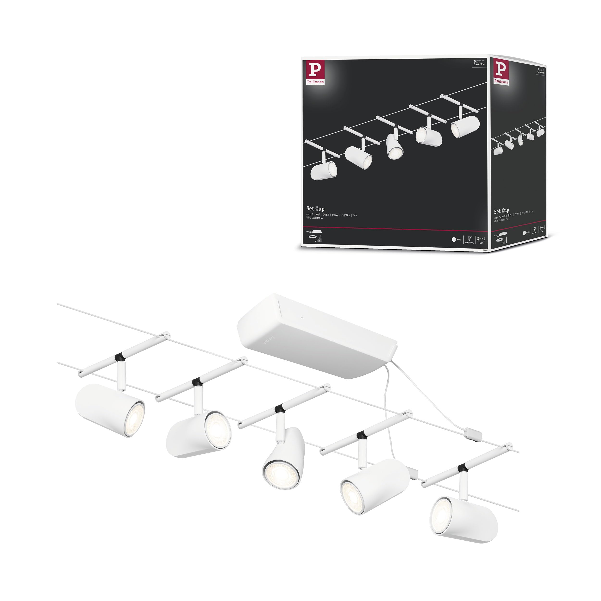 Paulmann 94467 CorDuo Cable System – Basic Lighting Set Cup DC, Max 5 x 10 Watt Extendable Matt White Plastic GU5.3 Wire Cable System Without Bulbs