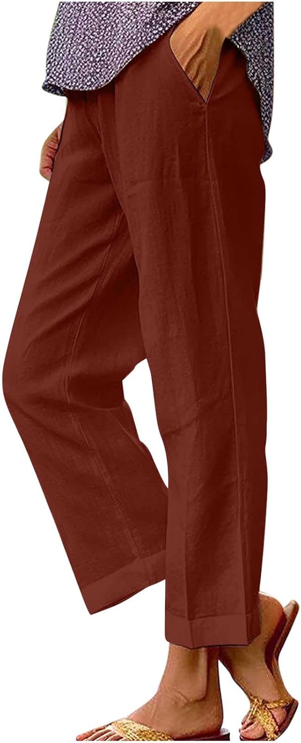 Casual Cotton Linen Pant for Women Elastic Waist Drawstring Slacks Straight Leg Summer Beach Vacation Lounge Trousers