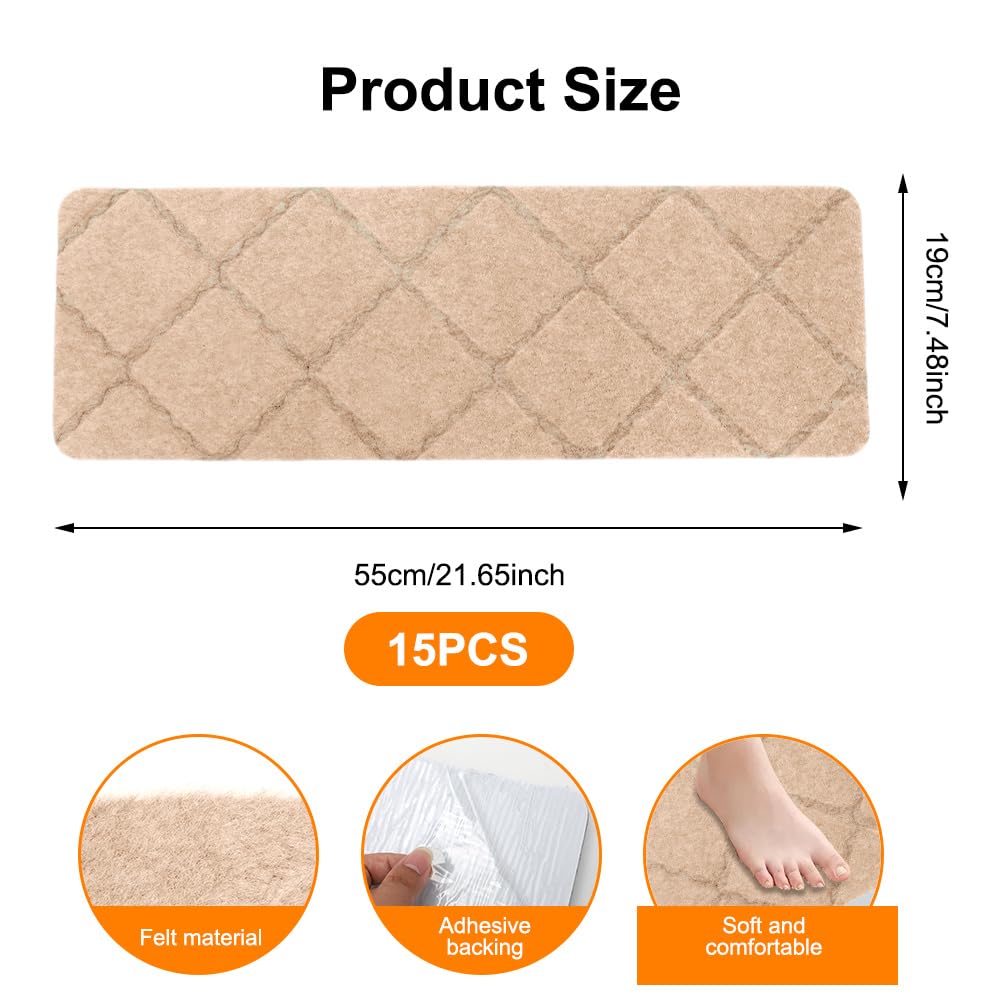 FARYODI Alfombrillas autoadhesivas para escalones, 15 unidades, 55 x 19 cm, para escaleras, para casa, escaleras, de madera, azulejos y mármol (beige)