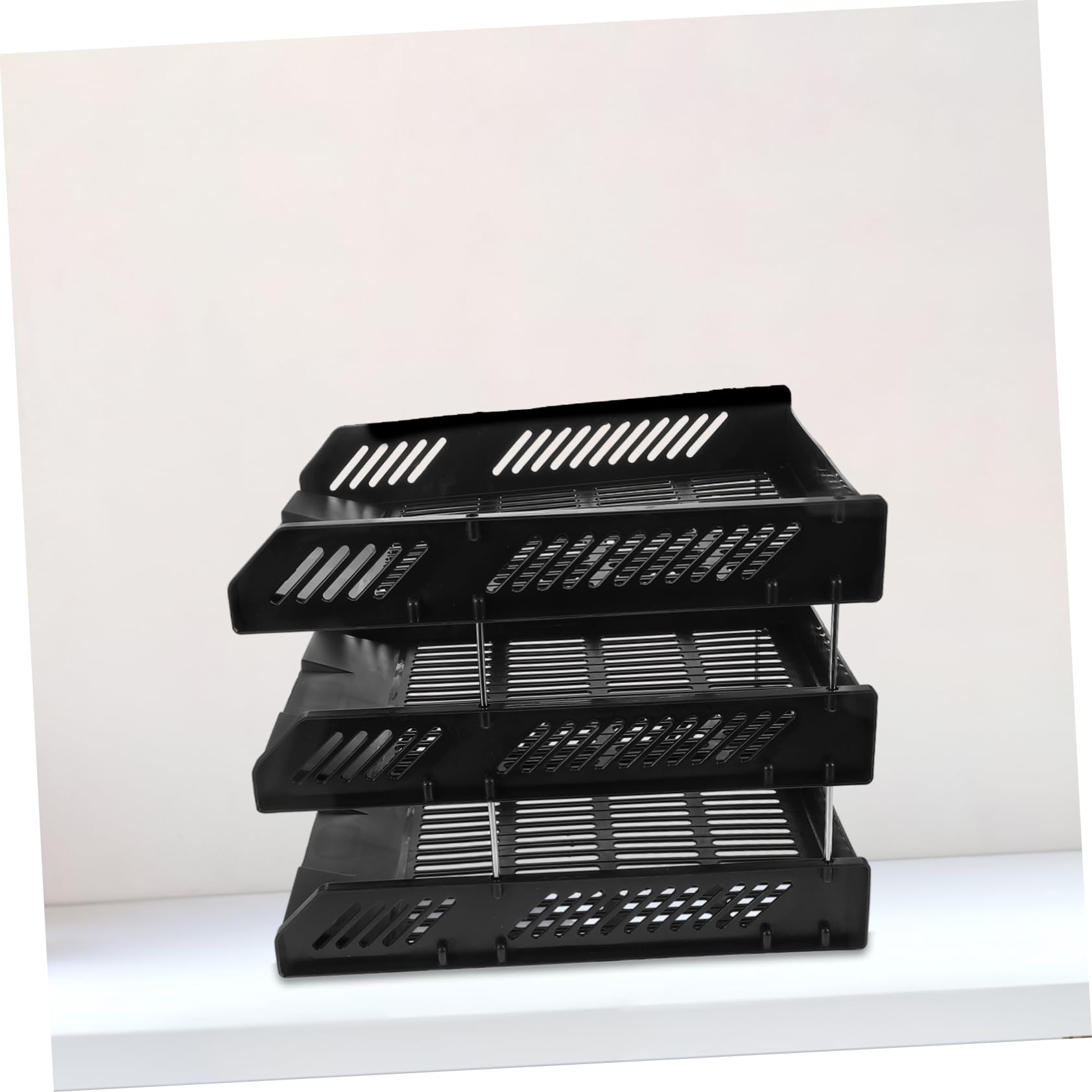 Organizador de Papel de 3 Bandejas PP Negro para Oficina | Diseño de 3 Niveles Estructura de Orificios Redondos, Montaje Sencillo y Soporte Robusto, Apto para Escuela