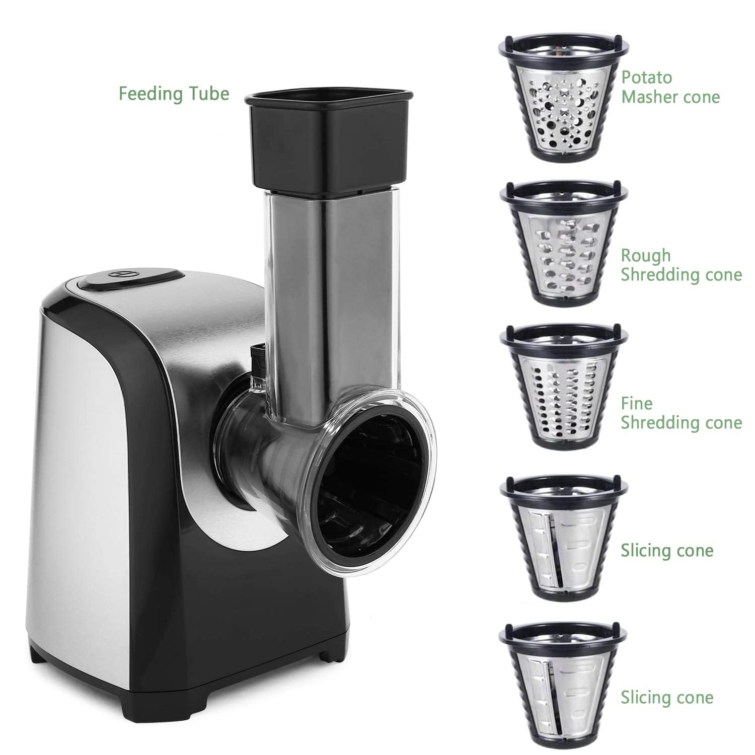 COOCHEER Cortador eléctrico de verduras | Rallador profesional de 150 W 5 en 1 con tambores de corte para verduras, queso, nueces, hogar y preparación de ensaladas, apto para lavavajillas