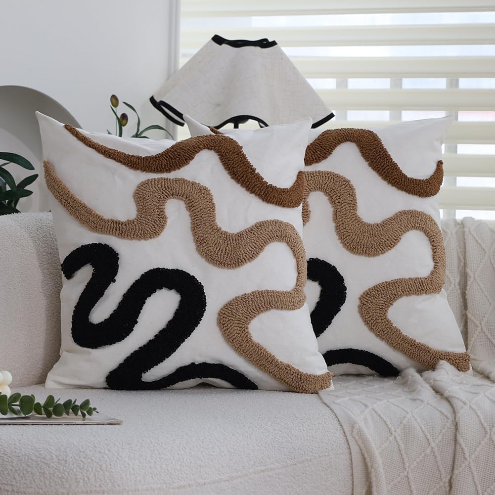 Pack of 2 Boho Tufted Throw Pillow Covers 18x18 Inch, Abstract Wavy Stripes 3D Textured Decorative Pillowcases, Modern Squiggle Line Art for Couch Sofa, Black Taupe Brown Tufting, Durable White Canvas