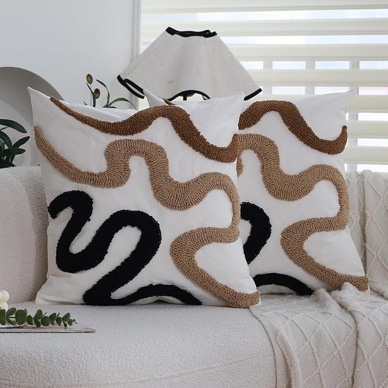 Pack of 2 Boho Tufted Throw Pillow Covers 18x18 Inch, Abstract Wavy Stripes 3D Textured Decorative Pillowcases Modern Squiggle Line Art for Couch Sofa, Black Tan Brown Tufting Durable Off-White Canvas