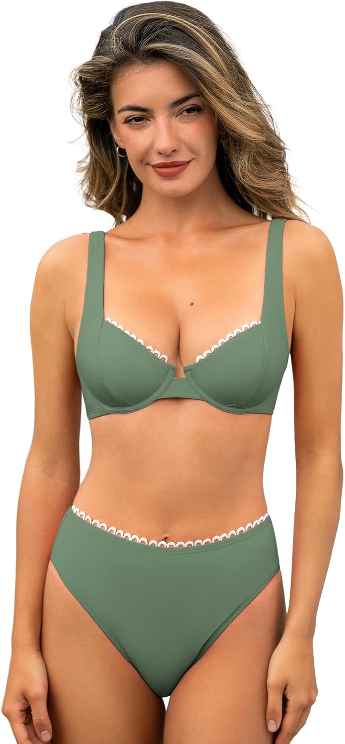 CUPSHE Women's Underwire Bikini Sets Swimsuit High Waisted Bathing Suit | Removable Soft Cups, Back Hook, Adjustable Straps, Sweetheart Neck, Scalloped, Two Piece Swim Suit For Beach Vacation Pool