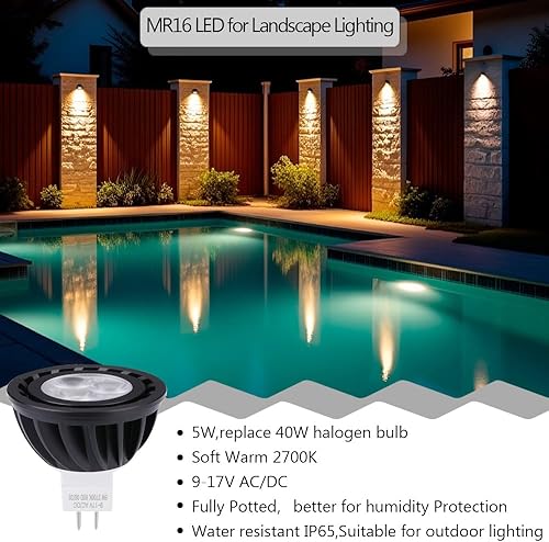 Miniatura 2 de Arrownine Bombilla LED MR16 de 5 vatios, resistente al agua, IP65, bajo voltaje 9-17 V, regulable, base de dos pines GU5.3 para luces empotrables de