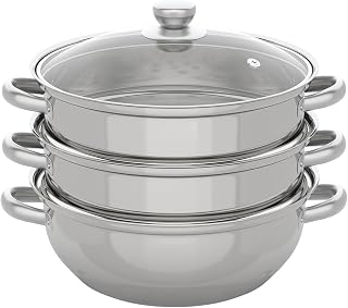 3-Tier Stainless Steel Steamer,12.8 Inch Meat Vegetable Cooking Steam Pot with Glass Lid,Multipurpose Kitchen Steamer Cookware for Dumpling,Crab,Stock Steaming Tamales, Couscous, Pasta