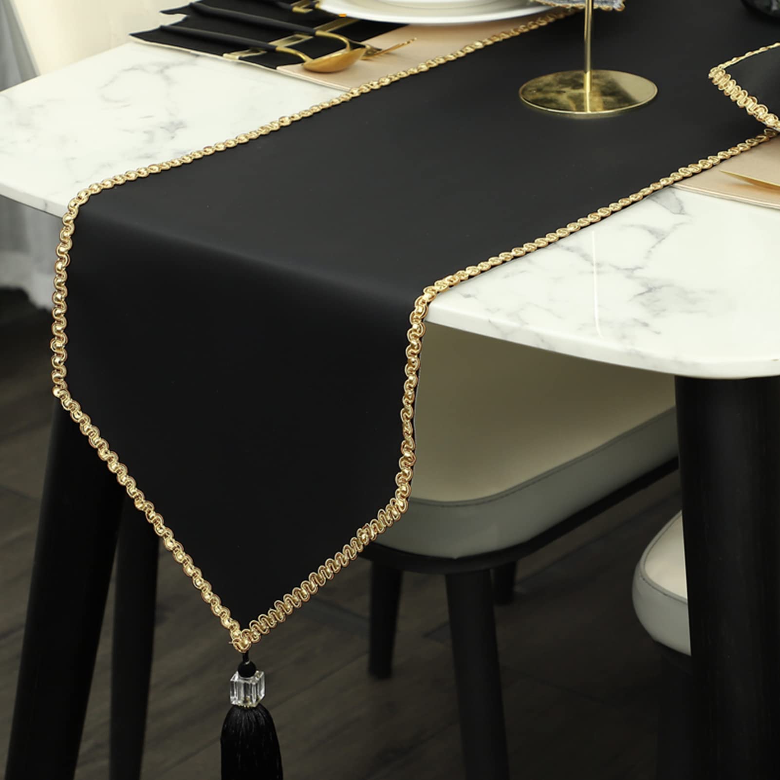 Chemin de table en PVC noir avec pampilles, isolation thermique, antidérapant, pour table de salle à manger, restaurant, hôtel, 30 x 210 cm