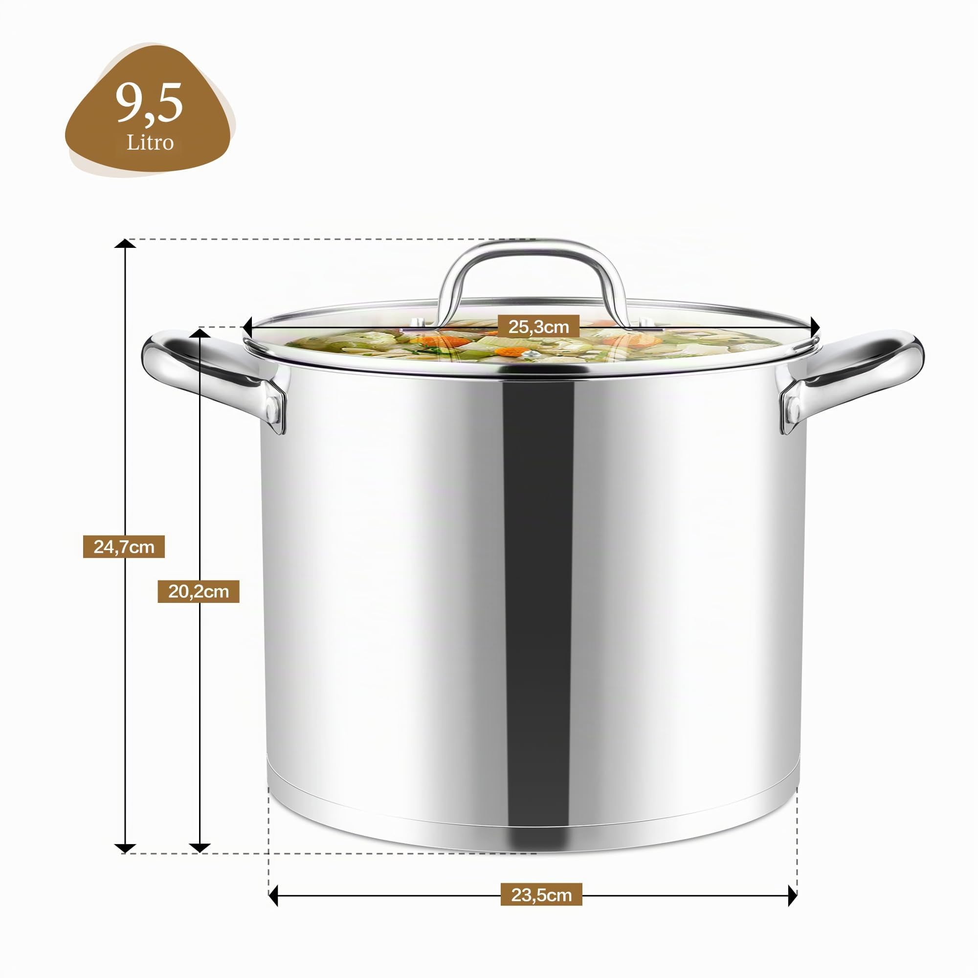 Joyfair Olla grande de acero inoxidable de 9,5 litros, para inducción con tapa de cristal, 3 capas, base estable, para todo tipo de cocinas, olla para pasta de para cocinar, grandes