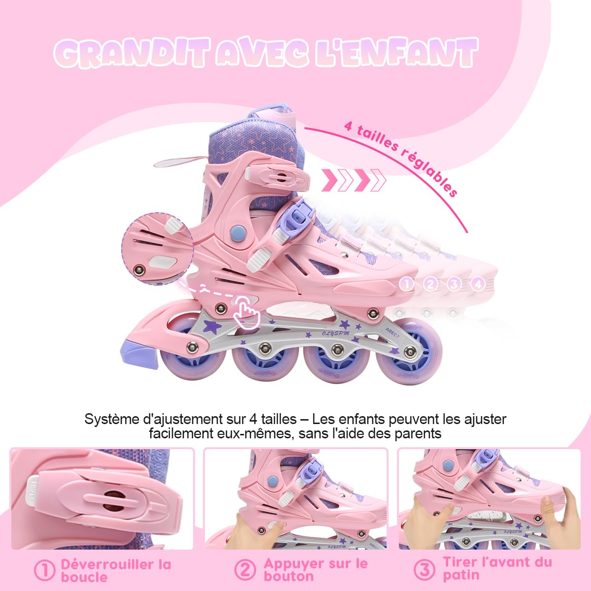 Patin a Roulette Fille Rose-Violet,Rollers en Ligne Réglables avec 8 Roues Lumineuses,Design Étoiles Amusant pour Débutants Adultes Cadeau Noël d'anniversaire
