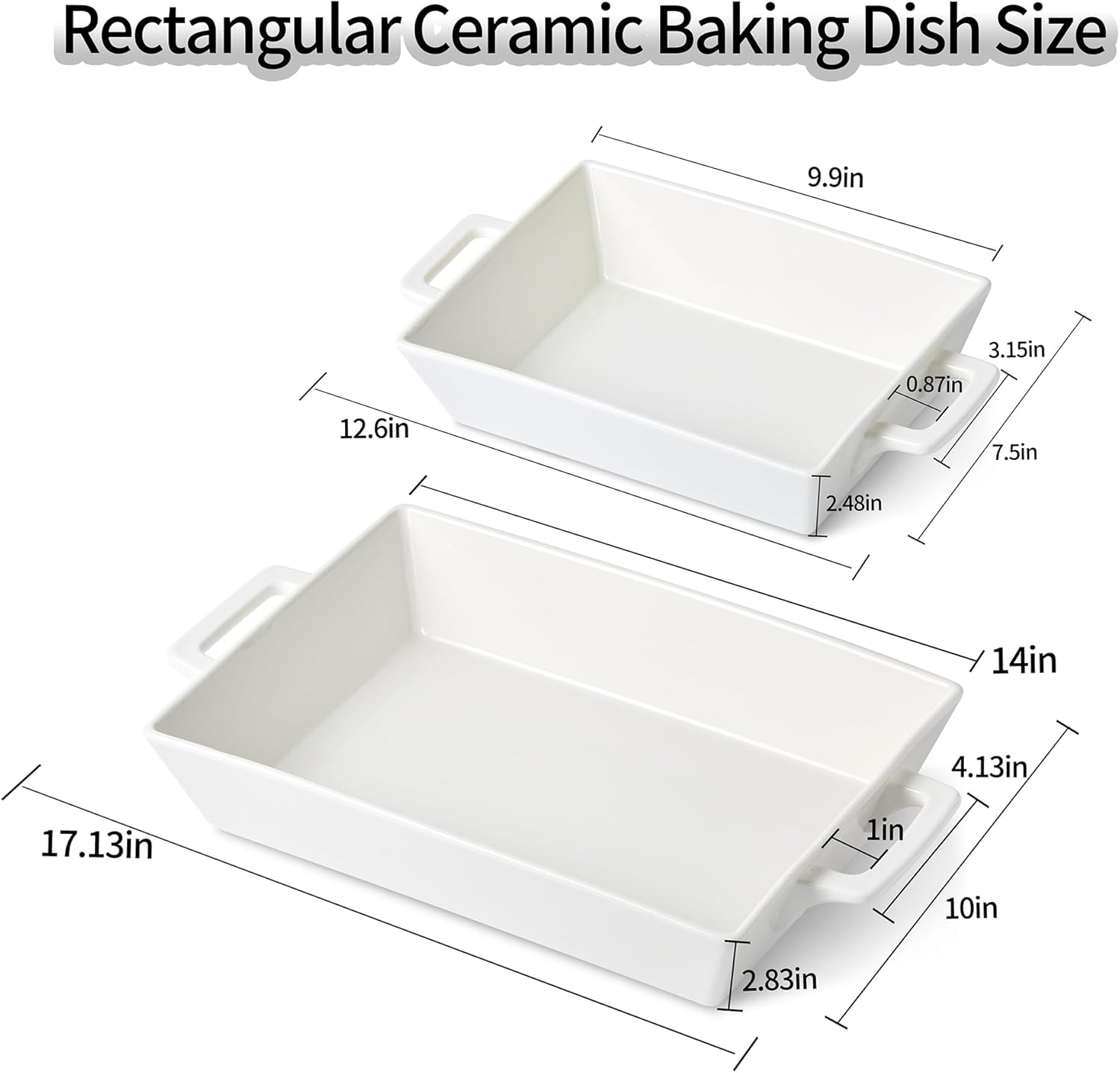 4.6&1.8 Qt Rectangular Ceramic Baking Dishes, 14&9.9 Inch Deep Casserole Lasagna Pans with Handles for Cooking, Roasting, Serving, and Daily Use, Safe for Oven Microwave Dishwasher Freezer