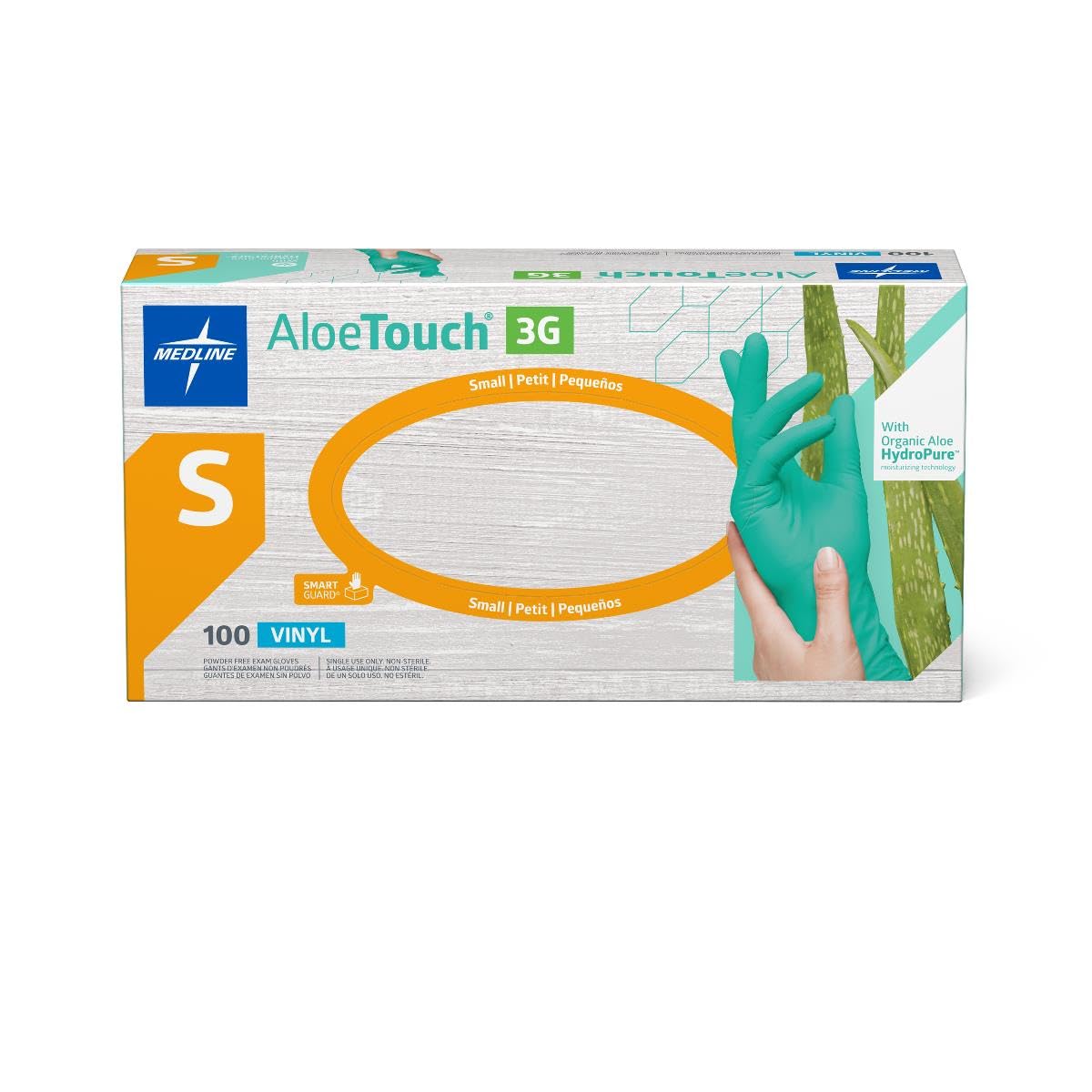 Medline AloeTouch 3G Synthetic Stretch Exam Gloves, Vinyl, Powder Free, Size S