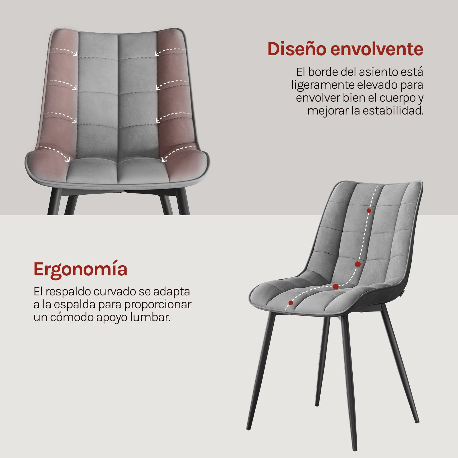 WOLTU Juego de 2 Sillas Comedor Cocina, Terciopelo Patas Metálicas, Carga 150kg, Asiento Antideslizante Cómodo, Uso Hogar Comedor Salón Dormitorio,Gris Claro