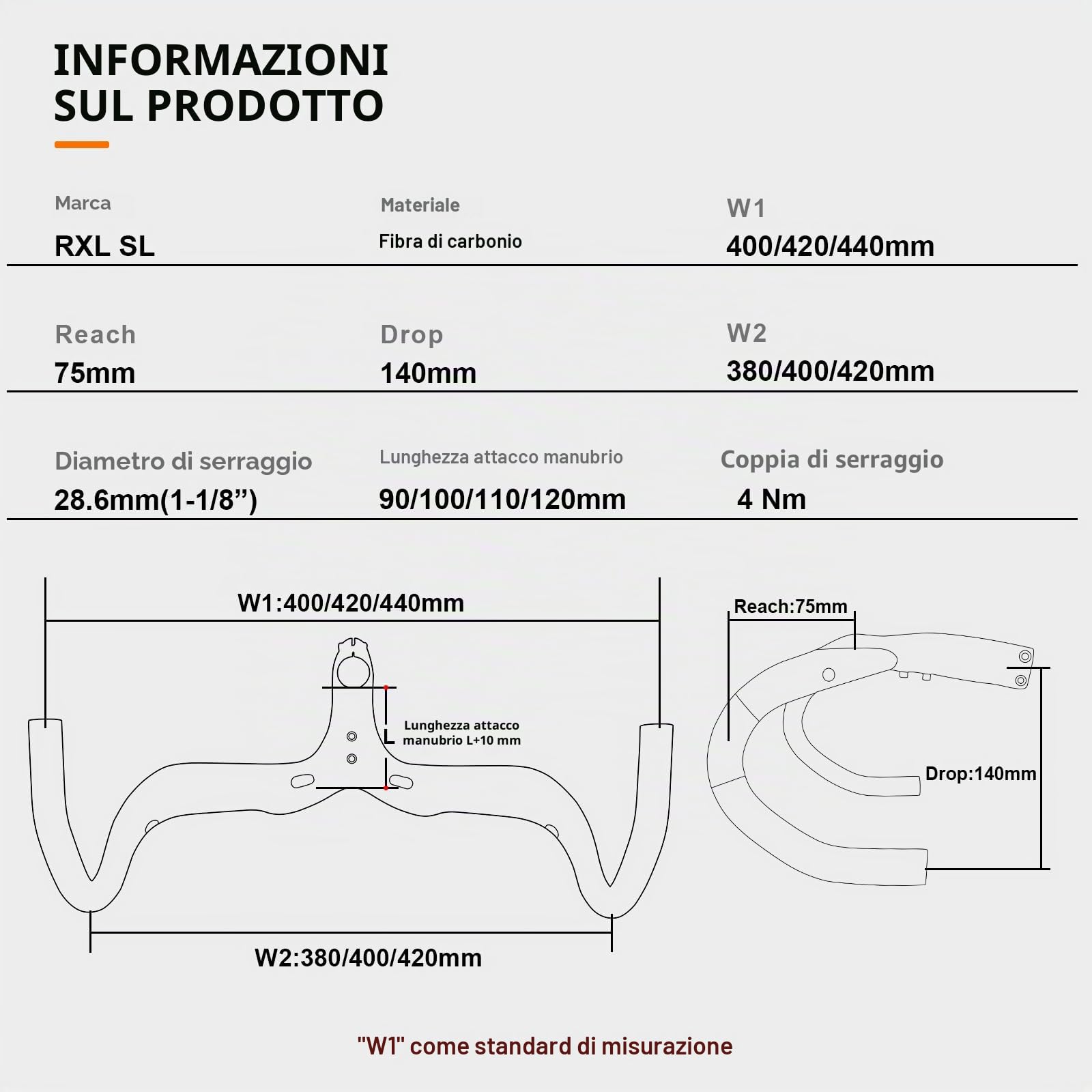 RXL SL Carbon Manubrio per bici da corsa 28,6 mm manubrio integrato bici corsa nero 3K opaco 420-100 mm