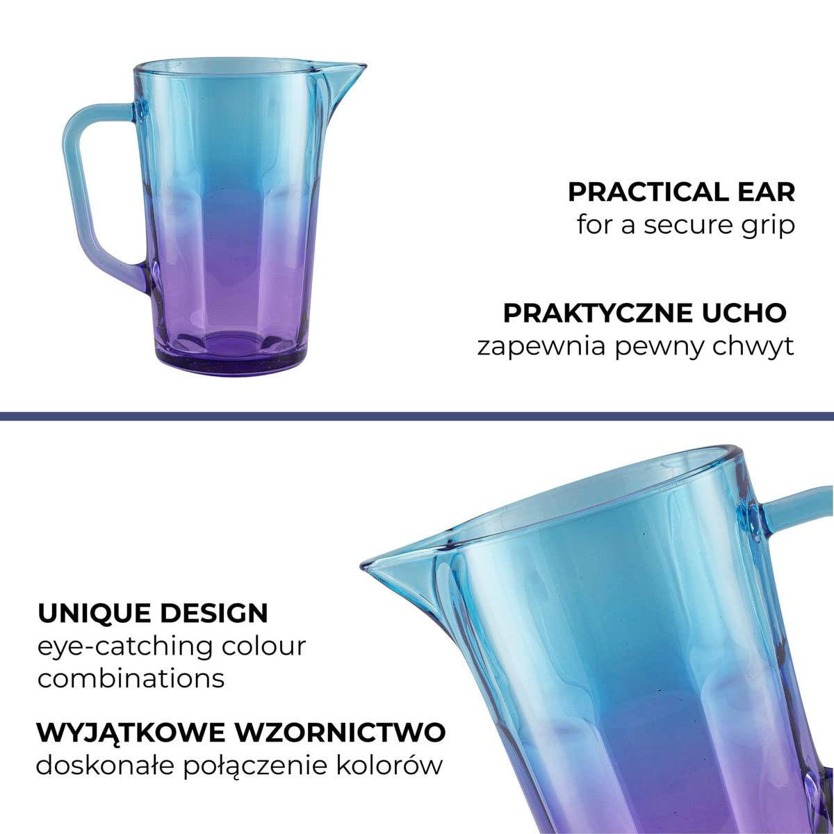 TREND FOR HOME Szklany Dzbanek z Uchwytem 1 Litr Karafka na Wodę Dzbanek na Lemoniadę Napoje Soki Mleko Piwo Sangria Wazon na Kwiaty 19 cm Kolorowe Szkło, Gigi Dreamy Sunset