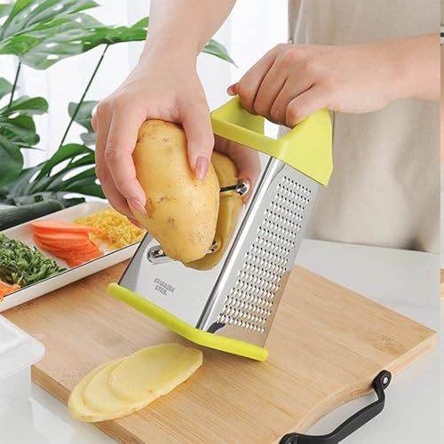 Stainless Steel Box Cheese Grater, 4-Sided Xl Cheese And Vegetable Grater, Slice, Shred, Grate Vegetables, Ginger, Potatoes, Handheld Food Shredder, Zester Grater, Includes Container With Lid (Yellow) #TOP5