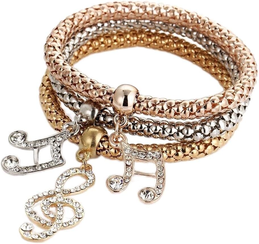 Stretch Bracelets I’s 3PCS Gold/Silver/Rose Gold Corn Chain Crystal Charms Multilayer Bracelets for Women