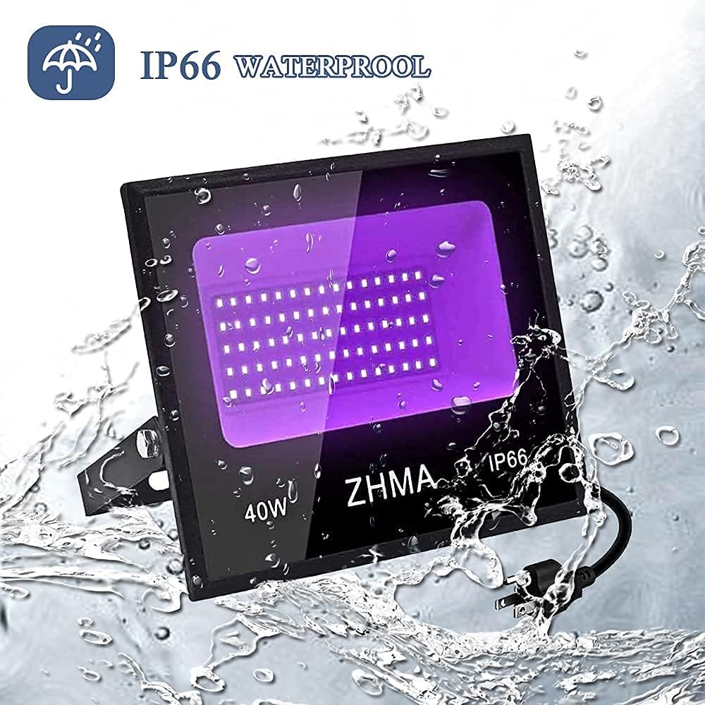 ZHMA 40W LED Black Light with water splashes, indicating IP66 waterproof rating