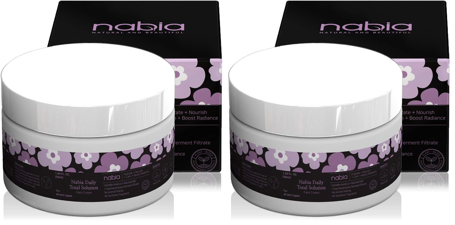 Nabia Moisturizing Face Cream with Cica, Vitamin B3, Hyaluronic Acid, Saccharomyces and Natural Lavender Scent, white, 1.69 Fl Oz (Pack of 2)
