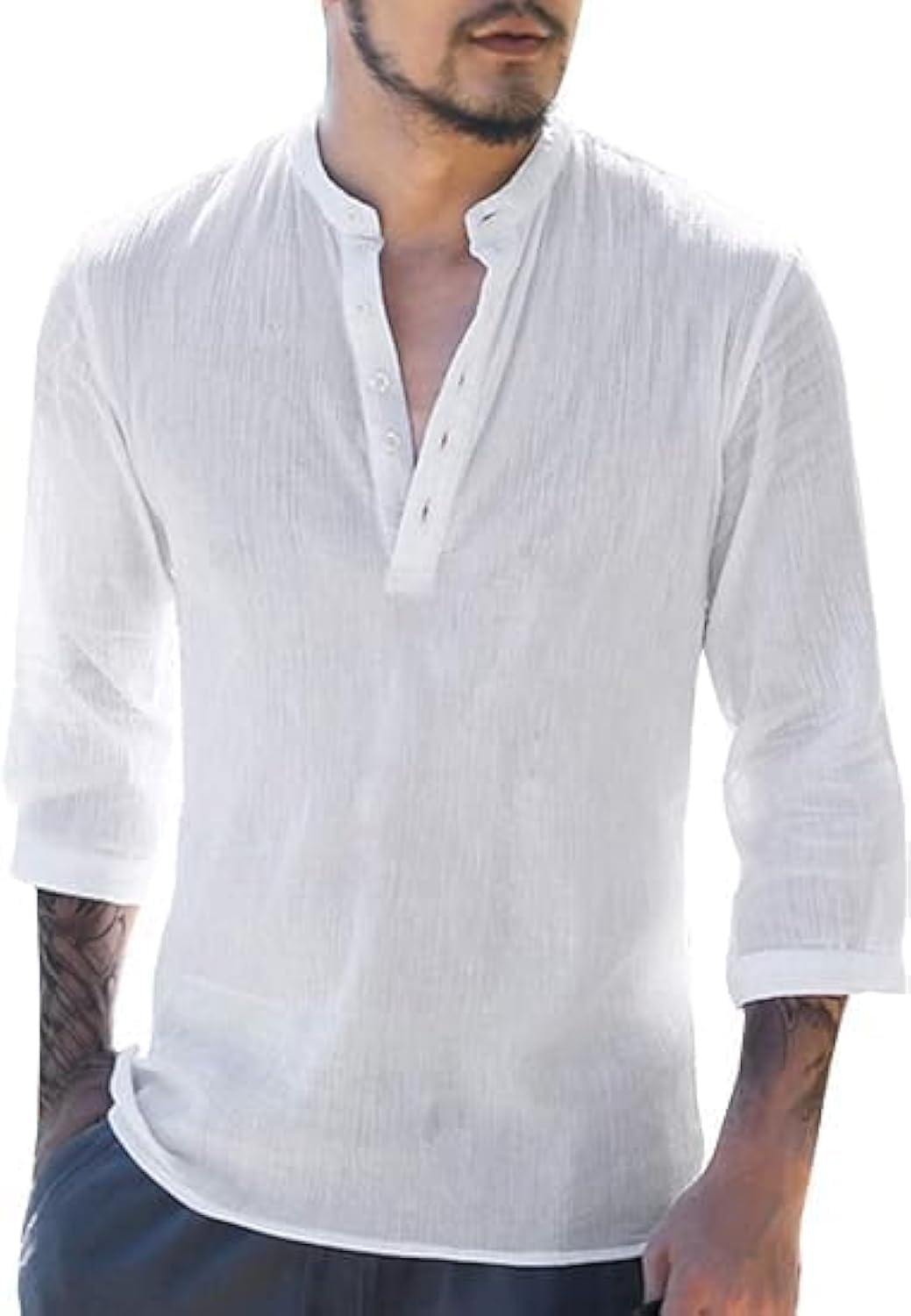 Runcati Herren Leinenhemd Herren Hemd 3/4 Ärmel Henley Shirt Regular Fit Freizeithemd Casual Sommerhemd Strand Leinen Shirts