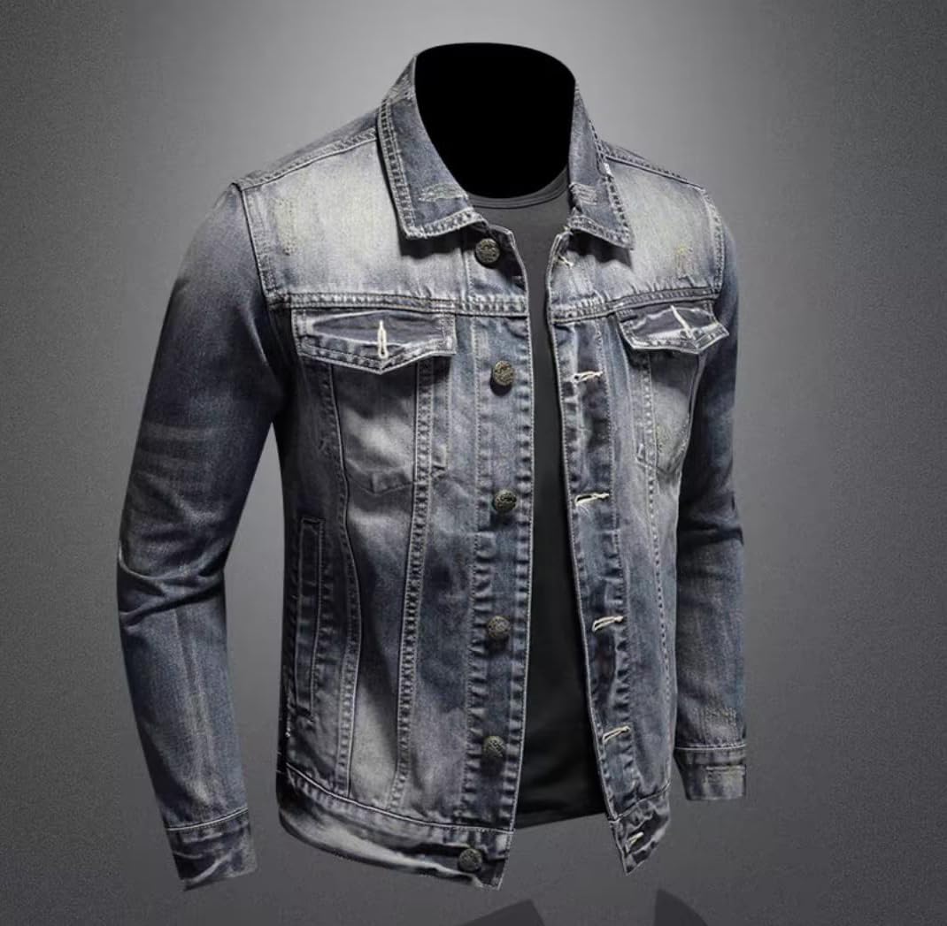 Minetom Giacca di Jeans Uomo Vintage Giubbotto Casual Denim Giubbino Slim Fit Jacket con Botonni E Tasche Primavera E Autunno