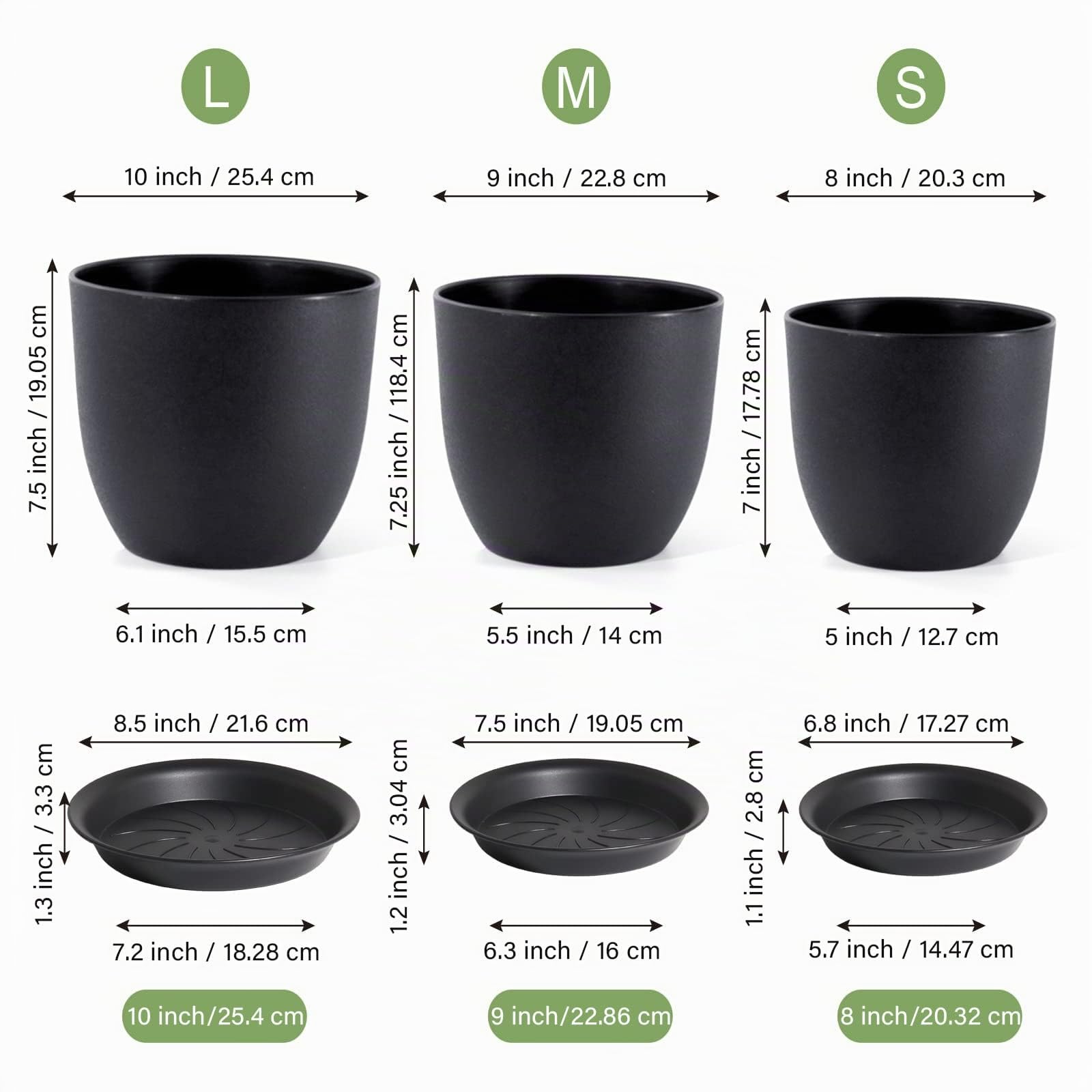 MUAEEOK Lot de 3 pots de fleurs décoratifs modernes en plastique avec trous de drainage et soucoupes pour chambre d'enfant, d'intérieur, 25/23/20 cm, noir