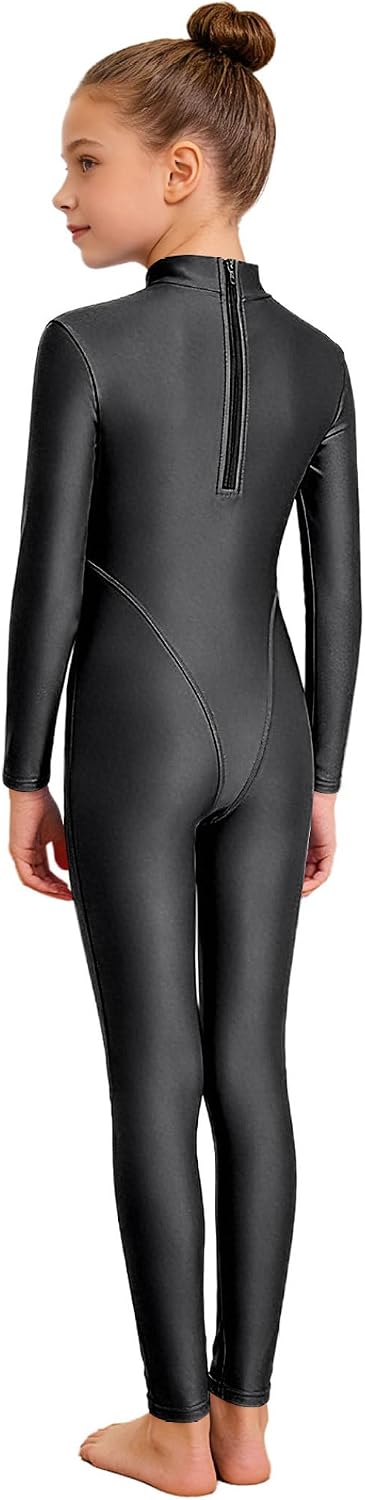 Girls Ballet Dance Jumpsuit Kids Shiny Metallic Gymnastics Unitard Full Length Mock Neck Bodysuit