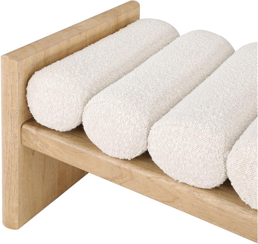 MAKLAINE Contemporary Solid Wood Bench with Soft Rich Cream Finish Boucle Fabric Cushion Rolls, 52" Wx19 Dx18 H, for Living Space