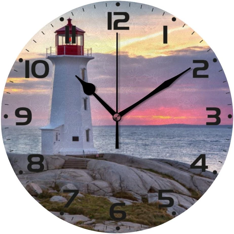 Sunset Behind The Lighthouse 10 Inch Silent Quartz Decorative Wall Clock Non-Ticking Digital Clock Battery Operated Round Easy to Read Home/Office/School Clock