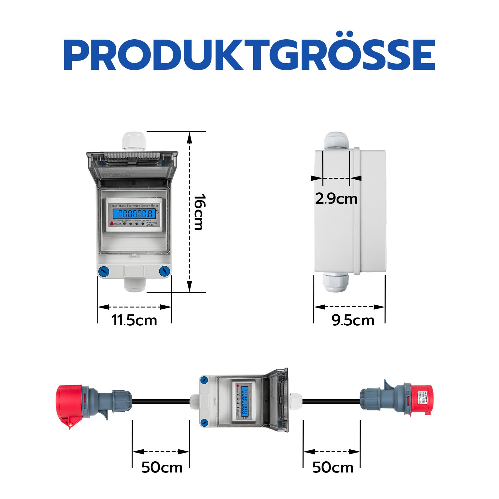 Mobiler Digitaler Stromzähler 3 Phasen 16A IP44 CEE Adapter 5 Pin Stecker Kupplung 2,5 mm² Verlängerungskabel 0,5M
