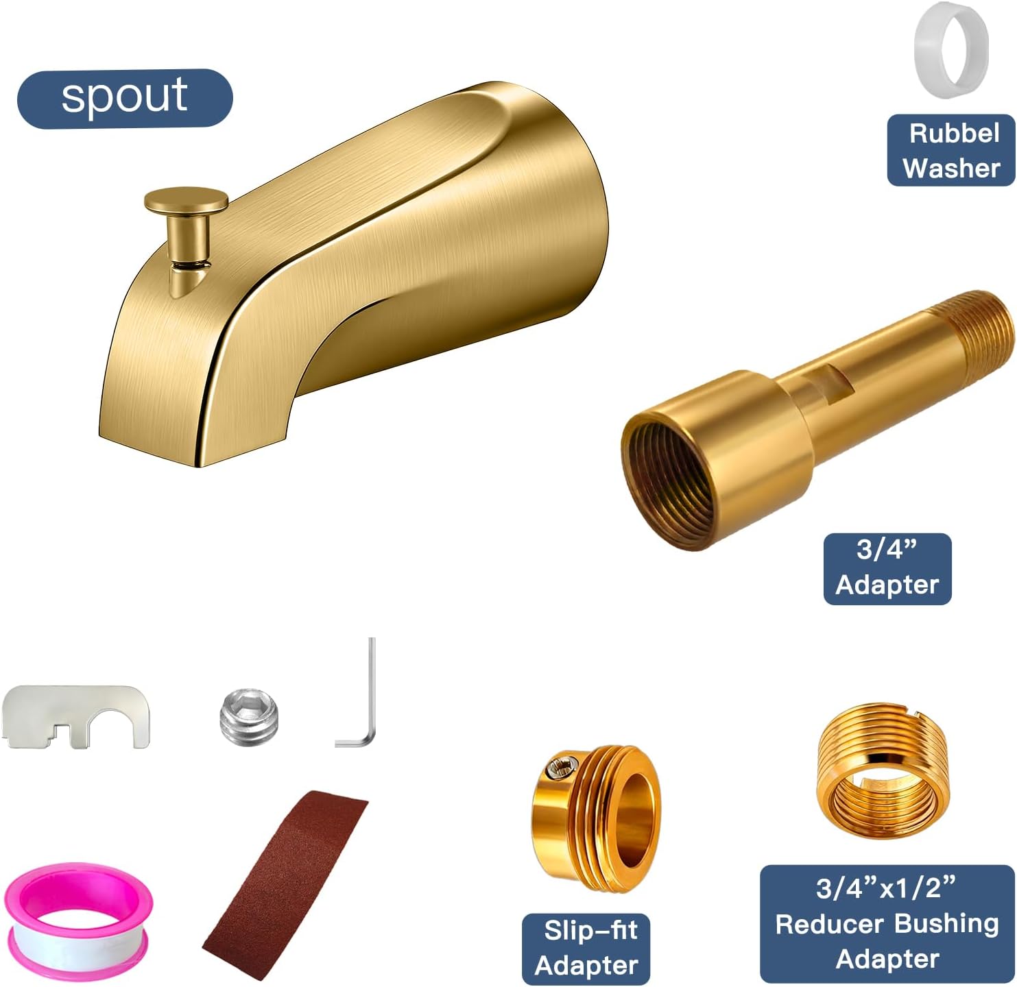 Bathtub Spout with Diverter, All Metal,5.3 Inch Tub Spout, Fits 1/2" Copper Slip-On and 1/2" or 3/4" IPS Threaded Pipes, Leak-Free, Slip Fit Tub Spout with Pull-Up Diverter，Brushed Gold